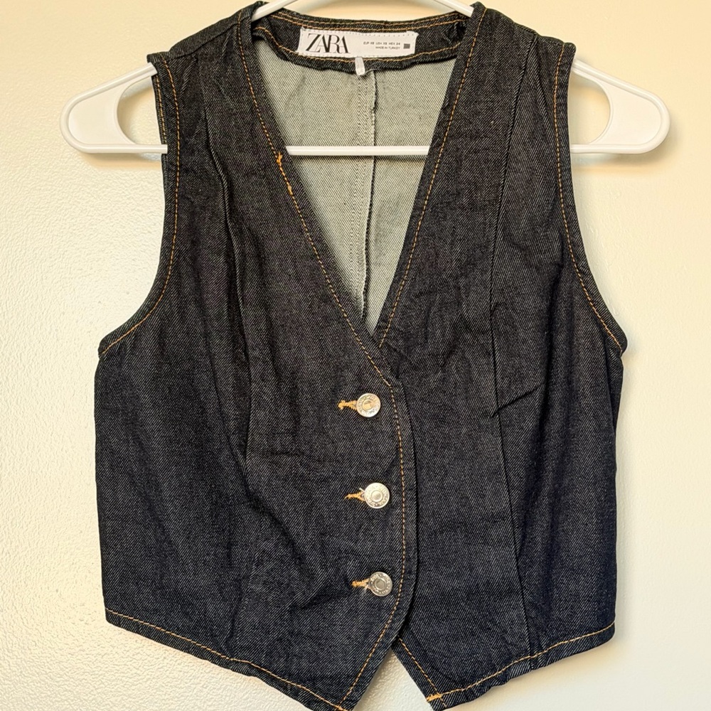 ZARA Denim Vest in Dark Indigo with Contrast Stitching